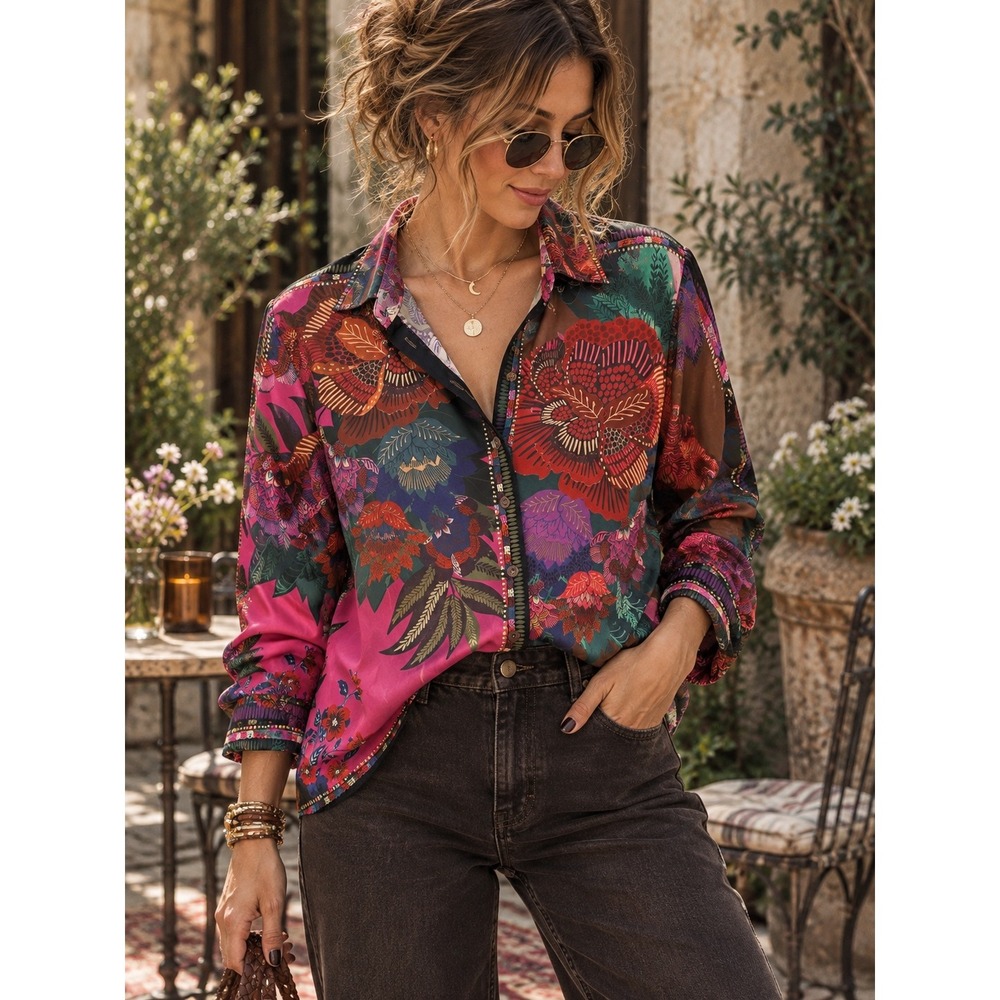 House of Harlow 1960 Maximalist Floral Patchwork Button Down Shirt Medium